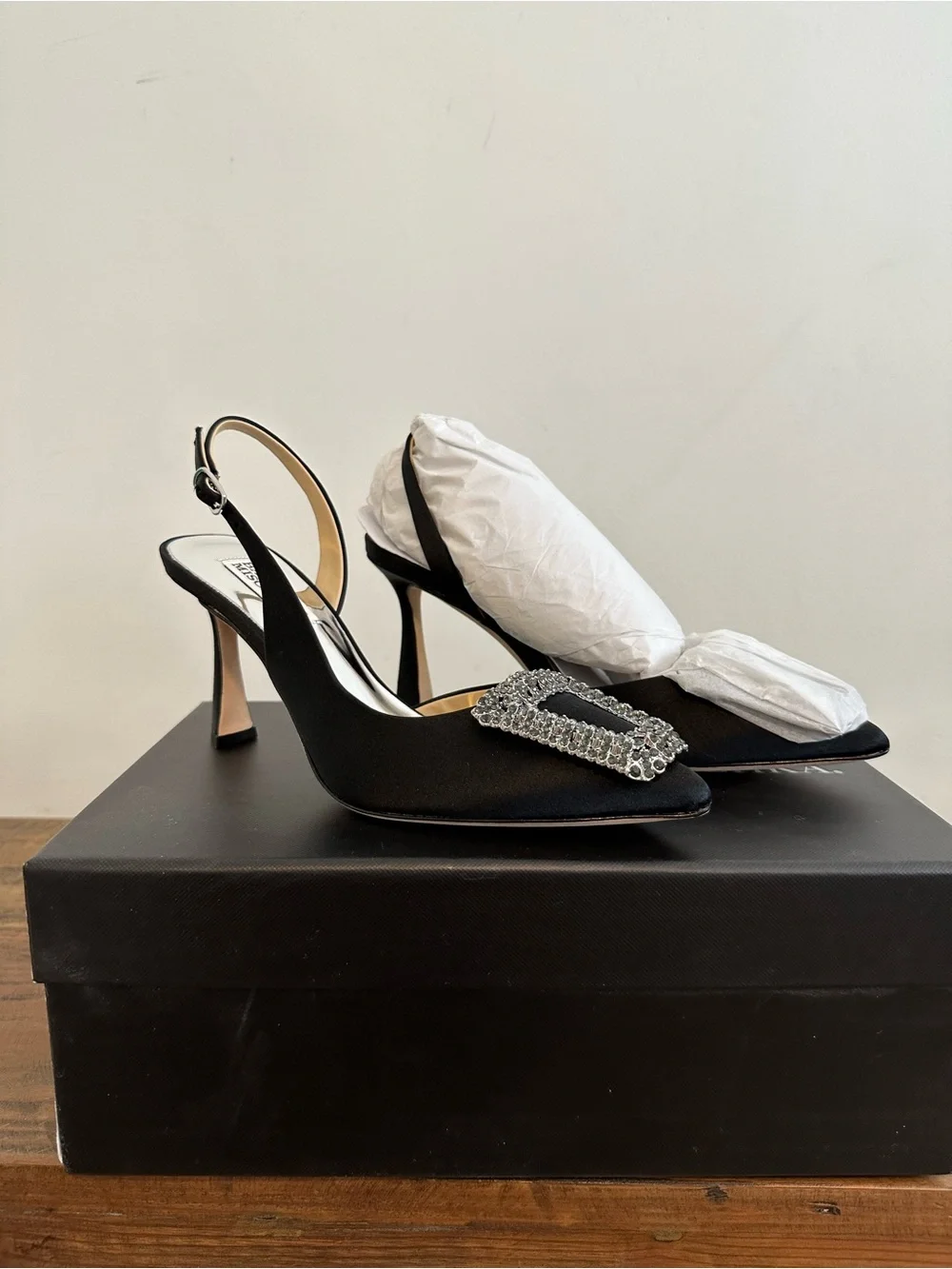 Badgley Mischka Black Satin Slingback Heels with Crystal Buckle - Picture 2 of 5